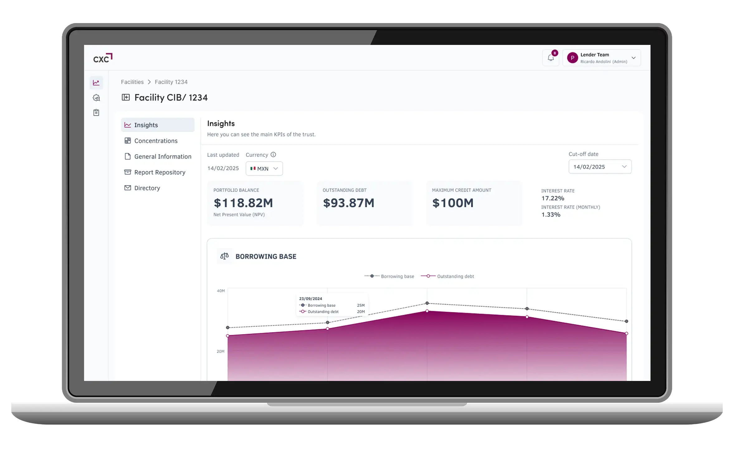 Laptop screen displaying financial dashboard with portfolio balance, debt, and credit.