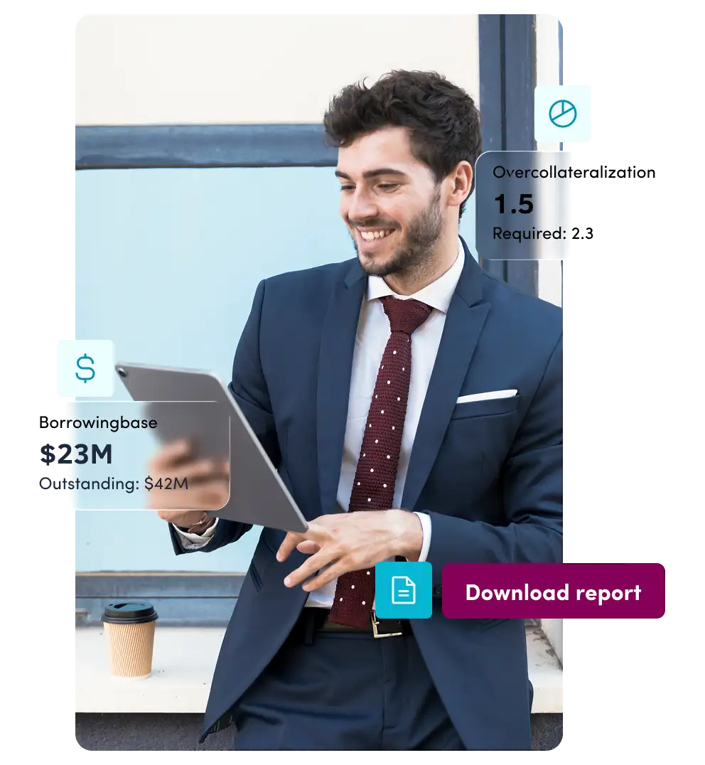 Smiling businessman in suit holding tablet with borrowing base data overlay.
